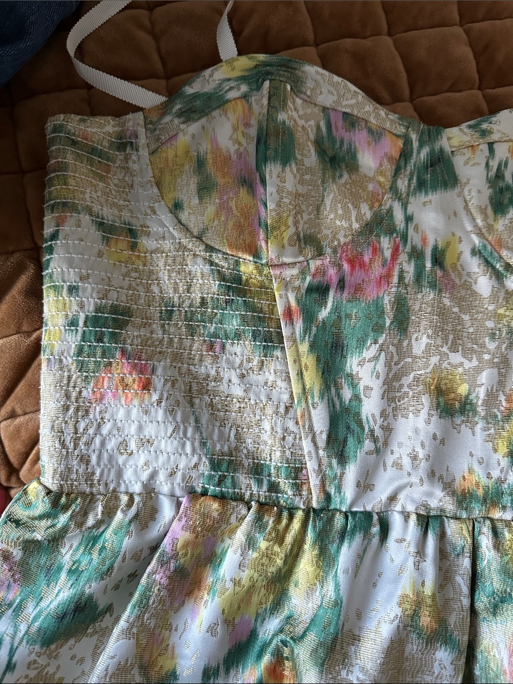 Alice + Olivia Floral Tiered Mini Dress in Green, Pink & Gold - Picture 4 of 5
